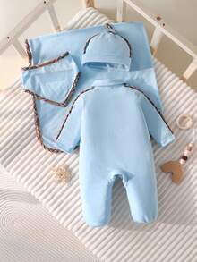 4pcs Baby Romper Set, White With Plaid Drawstring Design, Includes Matching Swaddle Blanket, Hat And Bib - Baby Blue - View 2