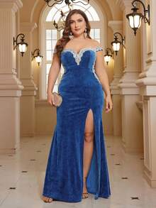 SHEIN Belle 大码V领无袖刺绣亮片拼接高开衩韩版丝绒礼服（重工装饰） - 墨綠色 - 查看 5