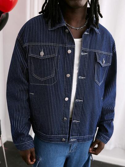 GALLERY FADE Men's Casual Street Style Multi-Pocket Striped Blue Denim Jacket