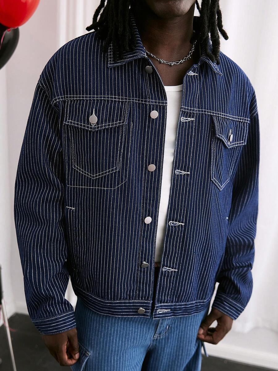 GALLERY FADE Men's Casual Street Style Multi-Pocket Striped Blue Denim Jacket - Dark Wash - View 1