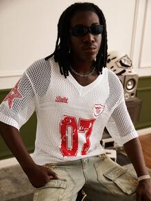 Manfinity Homme Men's V-Neck Letter & Number Graphic Casual Versatile Daily Wear Knit Short Sleeve Top - White - View 3