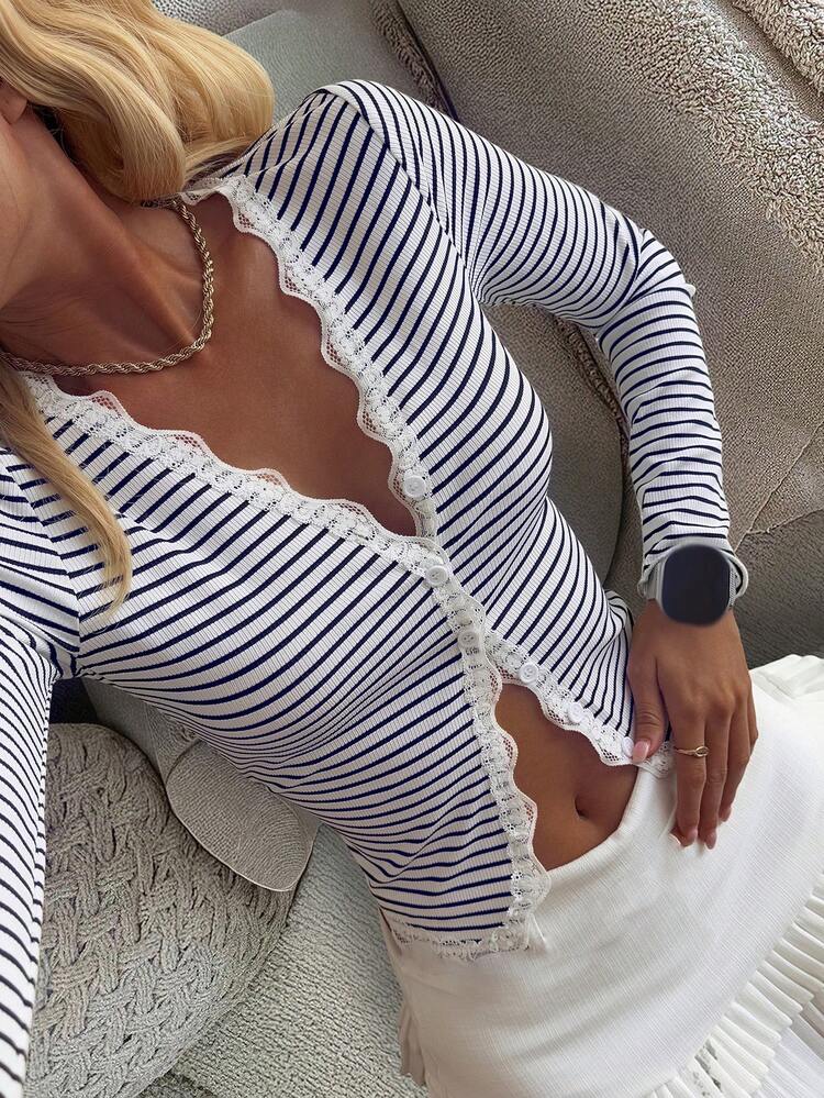 Striped Lace Frill Trim Fitted Cardigan For Women Y2k