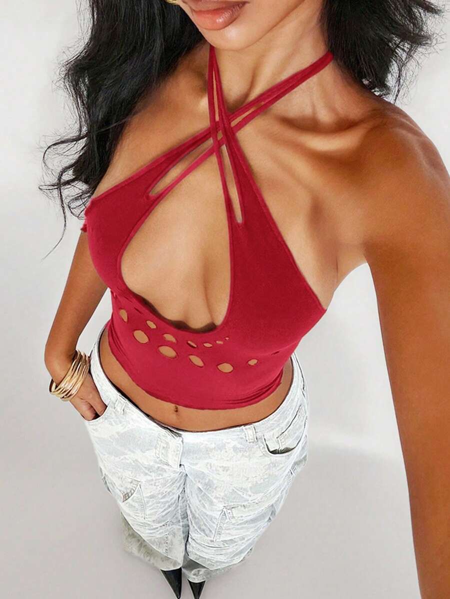 SHEIN Unity 女士性感朋克风镂空露背吊带上衣，酒红色 - 酒紅色 - 查看 1