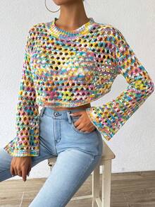 Chiquease Fashionable Colorful Hollow-Out Knit Cropped Sweater - Multicolor - View 3