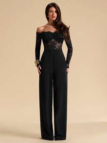 SHEIN BAE Black Lace Sexy Sheer Hollow-Out One-Shoulder Jumpsuit For Women, Elegant Ladies Jumpsuit, Lace Wide-Leg Jumpsuit - Black - View 6