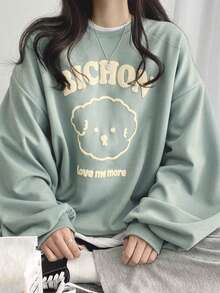 DAZY Sweat-shirt-shirt ample à épaules tombantes avec lettres et graphiques de dessins animés, manches longues, vêtements d'automne - Bleu azur - Voir 5