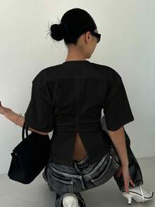 Strévra 女式夏季纯色圆领短袖休闲 T 恤，背部有褶饰 Y2k