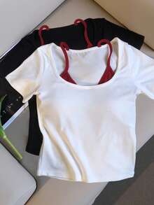 Resyla Women's Contrast Color 2 In 1 Square Neck Casual Short Sleeve Top - Multicolor - View 3