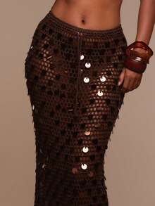 Musera Resort Váy maxi dệt kim hở đính sequin, chỉ dùng để che chắn khi đi bơi, du lịch mùa hè, đồ đi biển Terra Sol mùa xuân - Màu nâu Sô-cô-la - Xem 5