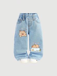 SHEIN 女婴可爱卡通水豚图案蓝色牛仔宽松裤 - 淺色水洗藍 - 查看 2