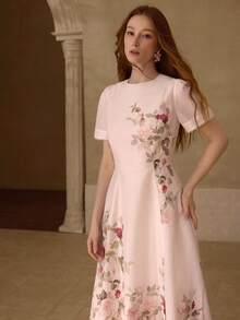 PREMIUM WOMEN'S ROMANTIC ELEGANT POSITIONING PRINT SHORT SLEEVE DRESS, SPRING/SUMMER - Multicolor - View 4