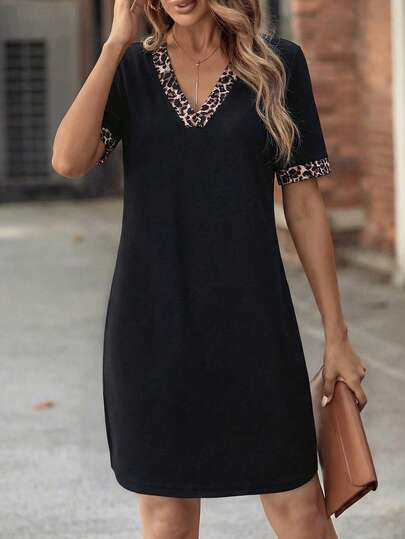 EMERY ROSE Women's Leopard Print & Solid Color Patchwork V-Neck Short Sleeve Dress