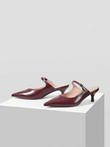 Mnmlis 女士尖头玛丽珍系带时尚个性化高跟鞋，圣诞节礼物 - 酒紅色 - 查看 5