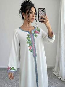 Yasmyna Women's Elegant Floral Print Notch Neck Loose Dress, Autumn - Multicolor - View 8