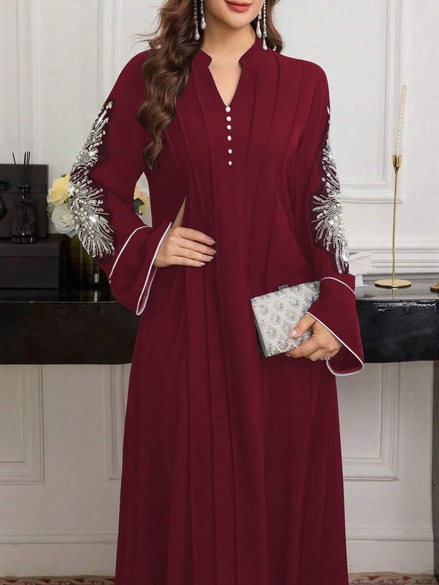 SHEIN Najma 串珠领口花卉撞色滚边V领阿拉伯风格连衣裙