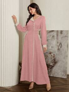 Modelyn Vestido elegante con cordón ajustable en la cintura y tirantes delgados con ribete de color contrastante - Rosa - Ver 6