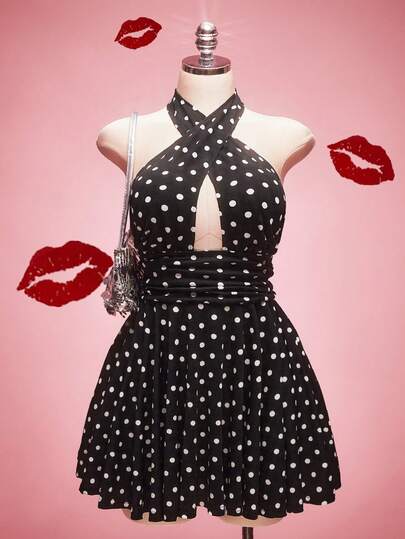 SHEIN ICON 大码波点露背吊带性感连衣裙，约会之夜连衣裙