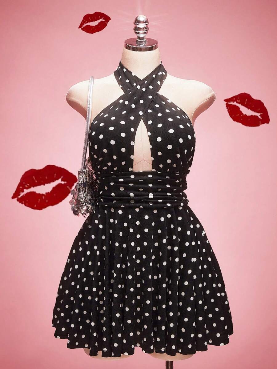 SHEIN ICON 大码波点露背吊带性感连衣裙，约会之夜连衣裙