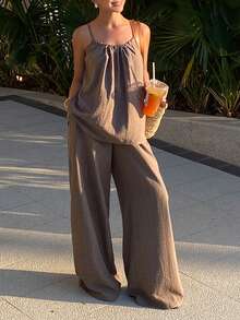 Livesso 春夏时尚棕色吊带背心搭配宽松直筒裤套装，休闲度假海滩优雅办公两件套女装 - 駝色 - 查看 1