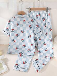 Girls Floral Bubble Plaid Print Lapel Cardigan & Pants Casual Lightweight Outfit, Spring/Summer Loungewear - Multicolor - View 2