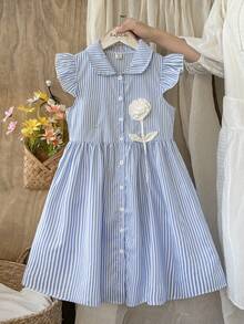Vintaside Kids Đầm ngắn tay lửng cổ bẻ kẻ sọc dọc đơn giản, thời trang cho bé gái mùa hè, thích hợp cho kỳ nghỉ ngoài trời, cắm trại và mặc thường ngày. - Màu xanh lam - Xem 1
