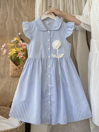 Vintaside Kids Girls' Summer Little Cap Sleeve Lapel Simple Casual Fashion Vertical Stripe Dress, Suitable For Outdoor Vacation, Camping, Casual Wear