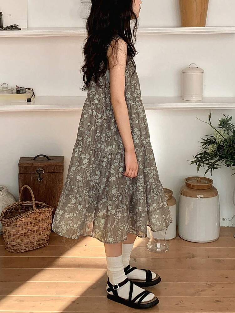 Girls Floral Print Sleeveless Crew Neck Dress Summer