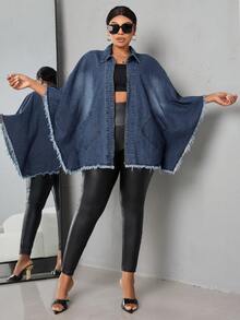 Slaydiva Plus Size Casual Washed Frayed Zip-Up Denim Jacket, Autumn - Blue - View 6