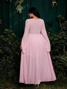 Roveilla Plus Size Women's Elegant Princess Palace Style Dress With Ruffle Sleeves, A-Line, Suitable For Vacation, Wedding, Bridesmaid, Party, Solid Light Pink Color - Pink - View 2