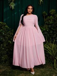 Roveilla Plus Size Women's Elegant Princess Palace Style Dress With Ruffle Sleeves, A-Line, Suitable For Vacation, Wedding, Bridesmaid, Party, Solid Light Pink Color - Pink - View 4
