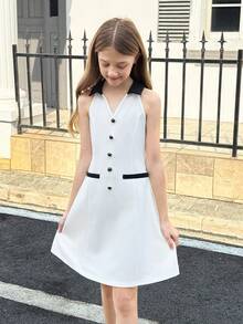 SHEIN Tween Girls' V-Neck Button Front Dress, Collegiate Style, Fashionable & Minimalist, Suitable For Daily Wear And Back To School Season Girls Casual Dress White Dress With Black Accents Girls Sleeveless Aline Casual Dress - Black and White - View 4
