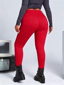 SHEIN ICON Plus Size Solid Color Versatile Slant Pocket Skinny Jeans - Red - View 2