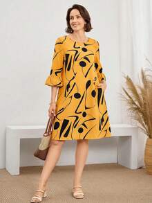 Miaspire Abito corto a tunica da donna con scollo tondo, maniche a tre quarti a balze e volant, stampa all-over, casual, giallo, orlo dritto - Giallo - Visualizzare 4