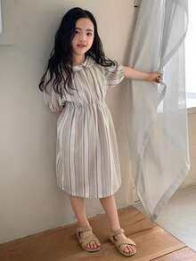 Dazy Kids Young Girl Striped Peter Pan Collar Short Puff Sleeve Cute Dress - Khaki - View 7
