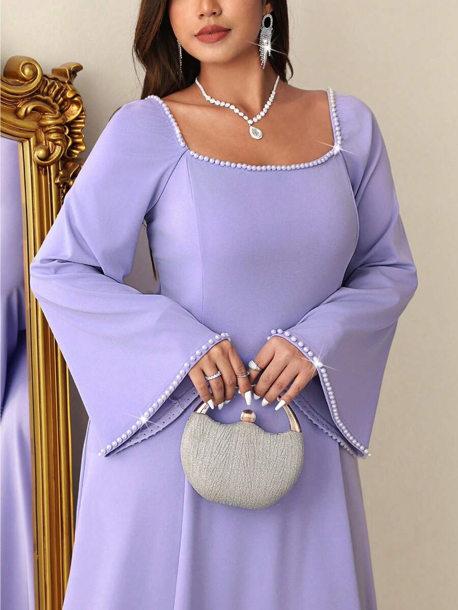 Firerie 大码优雅派对串珠装饰喇叭袖连衣裙 - 紫色 - 查看 1