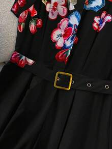 Franclia 女士优雅印花衬衫裙，适合春夏度假和日常穿着 - 黑色 - 查看 7