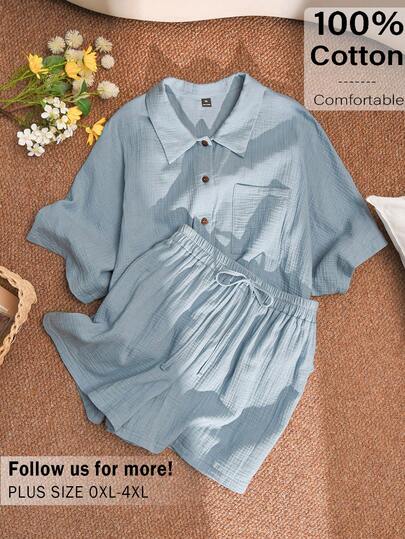 CosyJoli 大码女式纯色短袖单排扣口袋衬衫和短裤休闲两件套