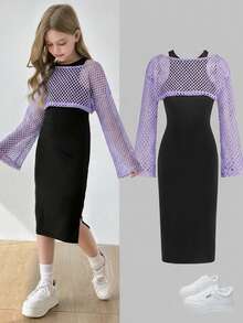SHEIN Bộ 2 món gồm váy dài cổ tròn màu trơn dáng ôm dành cho bé gái tuổi teen, kiểu dáng thường ngày, kèm áo khoác lưới rộng, thích hợp đi học, phong cách ngọt ngào và cá tính, dạo phố. - Màu tím hoa cà - Xem 1