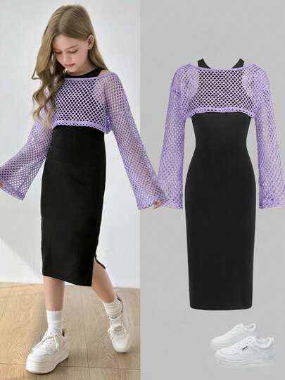 SHEIN Tween Girl Enfärgad Stickad Rund Hals Slim Fit Lång Avslappnad Klänning Med Lös Mesh Överdrag 2-Delat Set, Pendling College Stil, Söt & Cool Flicka, Gata