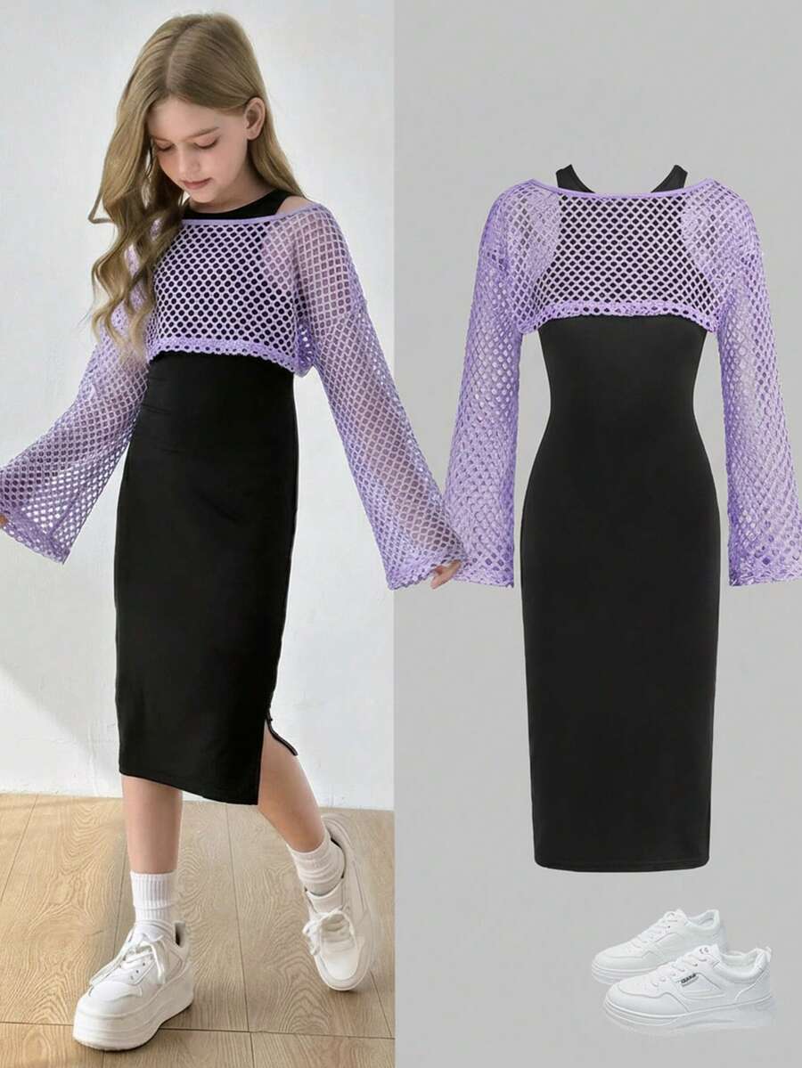 SHEIN Bộ 2 món gồm váy dài cổ tròn màu trơn dáng ôm dành cho bé gái tuổi teen, kiểu dáng thường ngày, kèm áo khoác lưới rộng, thích hợp đi học, phong cách ngọt ngào và cá tính, dạo phố. - Màu tím hoa cà - Xem 1
