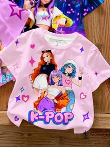 SHEIN 4pcs/Set Young Girl Casual Cartoon Pattern Round Neck Short Sleeve Basic T-Shirts, Suitable For Spring & Summer - Multicolor - View 3