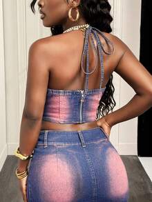 Slaydiva 性感露背牛仔吊带露背上衣，复古水洗紫色，Y2K风格，夏季休闲款。适合春季、情人节、嘉年华、海滩等场合穿着。 - 紅色 - 查看 3