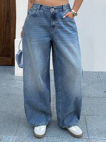 Dazy Plus Loose Straight Leg Long Jeans With Rhinestone Embellished Back Pockets, Suitable For All Seasons - Medium Wash - View 5