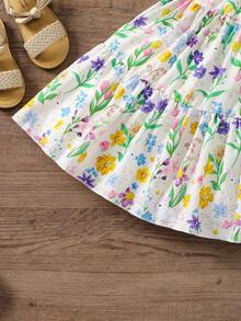 年轻女孩夏季度假风格花卉印花荷叶边袖孔上衣和分层裙子套装 - 彩色 - 查看 8