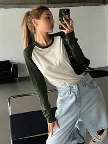 DAZY Colorblock Raglan Sleeve Tee Long Sleeve Women Tops - Multicolor - View 8