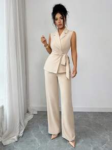 Selianne Elegant Romantic Vacation & Office Bow Tie Blazer Suit Set For Women - Apricot - View 6