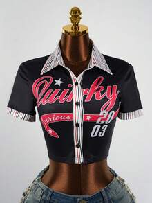 SaltGleam SaltGleam 女士时尚翻领纽扣字母条纹图案露脐紧身性感时尚休闲户外街头运动短袖露脐上衣 - 彩色 - 查看 7