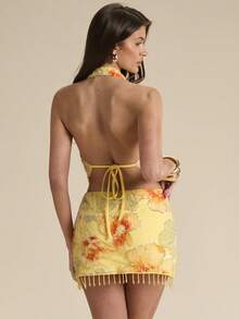 SHEIN BAE Summer Yellow Rhinestone,Sequin & Pearl Floral Backless Draped Neck Tank Top,Orange And Yellow Seductive Party Night Beach Vacation Glamorous Camisole - Yellow - View 2