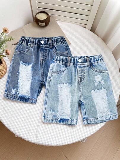 2026 New Arrival Baby Boys' Denim Shorts, 2pcs Set, Summer Fashion Casual Style, Multi-Color Distressed Wash, Elastic Waist, Lightweight Soft Cotton Denim, Must-Have For Stylish Boys, Suitable For Spring/Summer Wear, Daily, Photo Shooting, Outing, Vacation