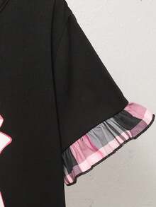 SHEIN 少女休闲蝴蝶印花拼接荷叶边格子印花睡袍连衣裙，黑色，春夏款 - 黑色 - 查看 5